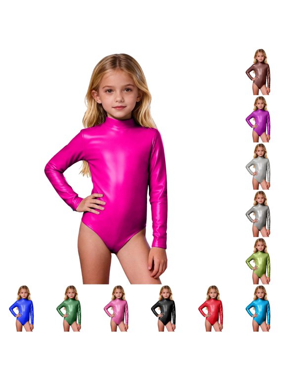 Krdevn Girls Turtleneck Romper, Long Sleeve Leotard Gymnastics Ballet Dancewear for Child,Hot Pink
