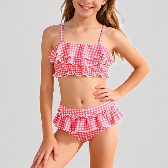 Krdevn Girls Two Piece Bikini Swimsuit Red White Gingham Print Ruffle Layered Crop Top High Waist Ruffle Bottoms Beach Pool Swimwear,6-7 Years