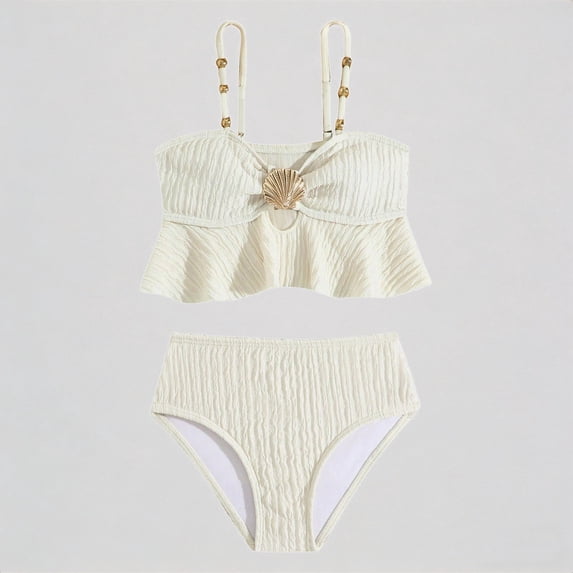 Krdevn Girls Two Piece Bikini Swimsuit Ribbed Seashell Ruffle Bandeau Top Beaded Strap High Waist UPF 50+ Summer Beach Pool Swimwear,4-5 Years