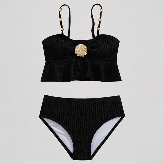 Krdevn Girls Two Piece Bikini Swimsuit Ribbed Seashell Ruffle Bandeau Top Beaded Strap High Waist UPF 50+ Summer Beach Pool Swimwear,7-8 Years