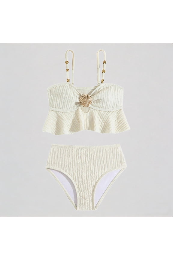 Girls Two Piece Bikini Swimsuit Ribbed Seashell Ruffle Bandeau Top Beaded Strap High Waist UPF 50+ Summer Beach Pool Swimwear,7-8 Years