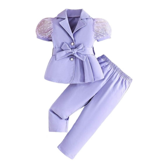 Krdevn Girls Two Piece Outfit Sleeve Blouse with Mesh Sheer and Tailored Long Pants for Toddlers and Kids,Size:4-5 Years