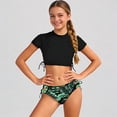thumbnail image 1 of Krdevn Girls Two Piece Rash Guard Swimsuit, Crop Top with Side Tie & Tropical Leaf Print Bottom, Beach Pool Swimwear for Teens,9-10 Years, 1 of 4