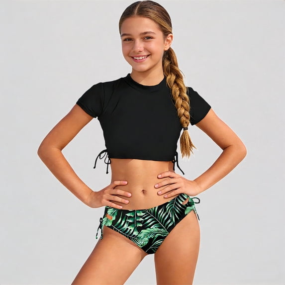 Krdevn Girls Two Piece Rash Guard Swimsuit, Crop Top with Side Tie & Tropical Leaf Print Bottom, Beach Pool Swimwear for Teens,9-10 Years