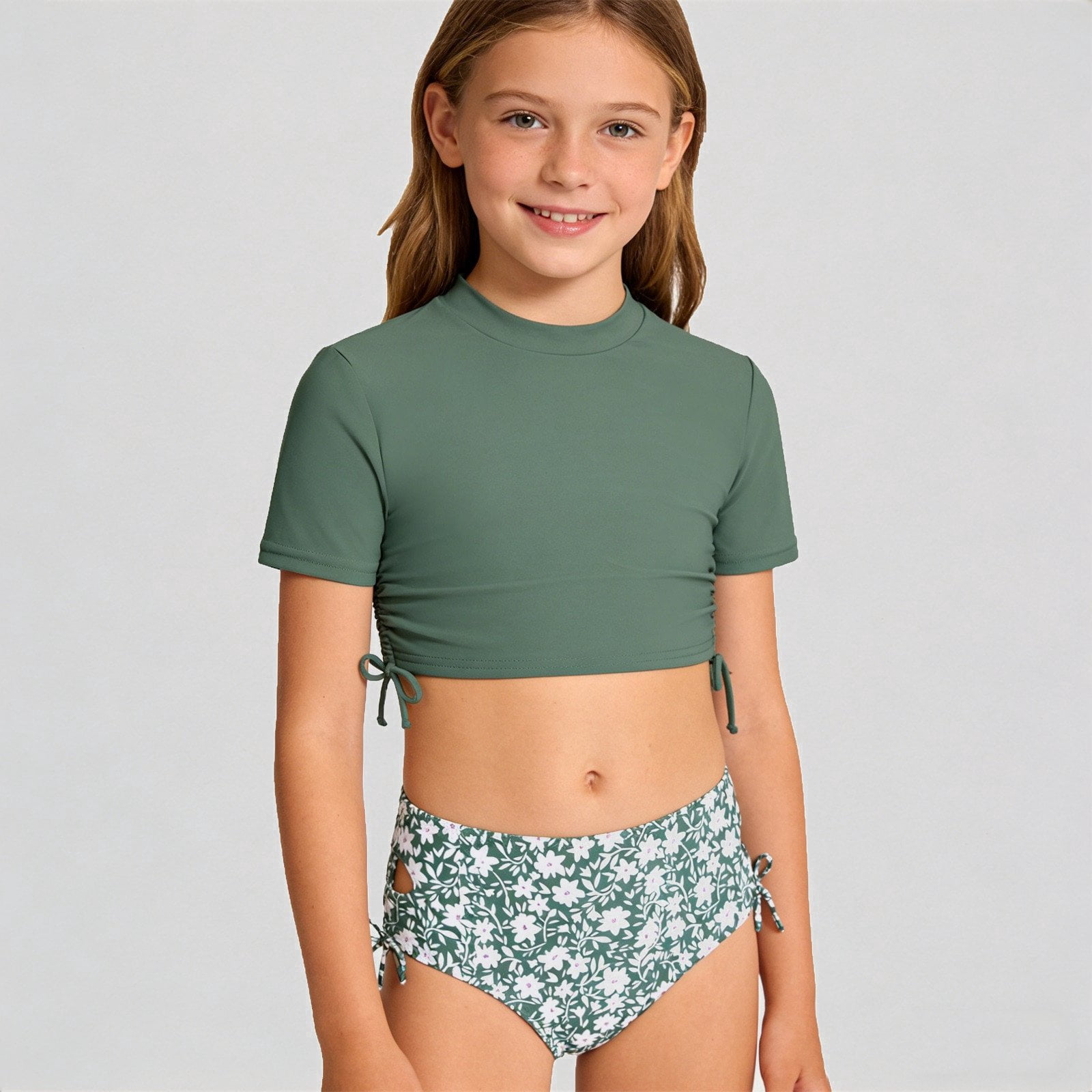 Krdevn Girls' Two Piece Rash Guard Swimsuit High Neck Short Sleeve ...