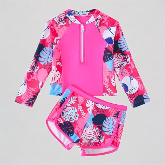 Krdevn Girls Two Piece Rash Guard Swimsuit Long Sleeve Half Zip Color Block Tropical Floral Print UPF 50+ Summer Beach Pool Surfing Swimwear,5-6 Years