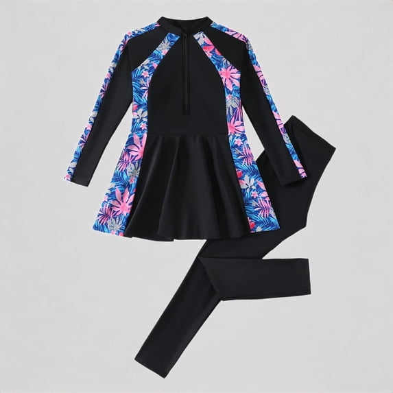 Krdevn Girls Two Piece Rash Guard Swimsuit Skirted Top Full Length Leggings Half Zip Tropical Floral Print UPF 50+ Summer Beach Pool Swimwear,7-8 Years