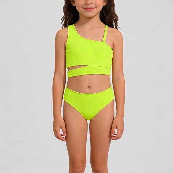 Krdevn Girls Two Piece Swimsuit One Shoulder Ribbed Cut Out Solid Color Tankini Bikini Summer Beach Pool Swimwear,7-8 Years