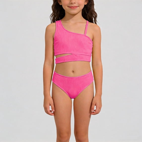 Krdevn Girls Two Piece Swimsuit One Shoulder Ribbed Cut Out Solid Color Tankini Bikini Summer Beach Pool Swimwear,8-9 Years