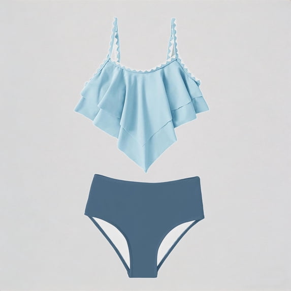 Krdevn Girls Two Piece Swimsuit, Tiered Ruffle Top with Scallop Trim & Adjustable Straps, High Waist Beach Pool Bathing Suit for Kids,11-12 Years