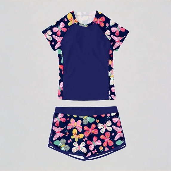 Krdevn Girls Two Piece Swimwear Set Summer Beach Pool Outfit Floral Print Round Neck Bikini Top with Shorts for Girls,Girls Swimsuits,7-8 Years