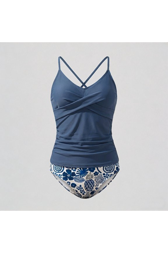 Girls Two Piece Tankini Swimsuit, Cross Back with Ruched Twist Front, Pineapple Floral Print Bottom, Beach Pool Swimwear for Kids,9-10Y