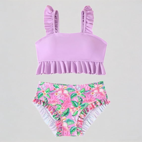 Krdevn Girls Two Piece Tankini Swimsuit Solid Ruffle Strap Crop Top Tropical Floral Print High Waist Ruffle Bottoms Beach Pool Swimwear,11-12 Years