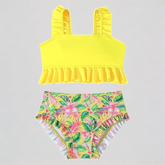 Krdevn Girls Two Piece Tankini Swimsuit Solid Ruffle Strap Crop Top Tropical Floral Print High Waist Ruffle Bottoms Beach Pool Swimwear,9-10 Years