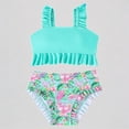 thumbnail image 1 of Krdevn Girls Two Piece Tankini Swimsuit Solid Ruffle Strap Crop Top Tropical Floral Print High Waist Ruffle Bottoms Beach Pool Swimwear,9-10 Years, 1 of 8