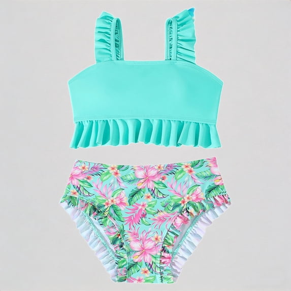 Krdevn Girls Two Piece Tankini Swimsuit Solid Ruffle Strap Crop Top Tropical Floral Print High Waist Ruffle Bottoms Beach Pool Swimwear,9-10 Years