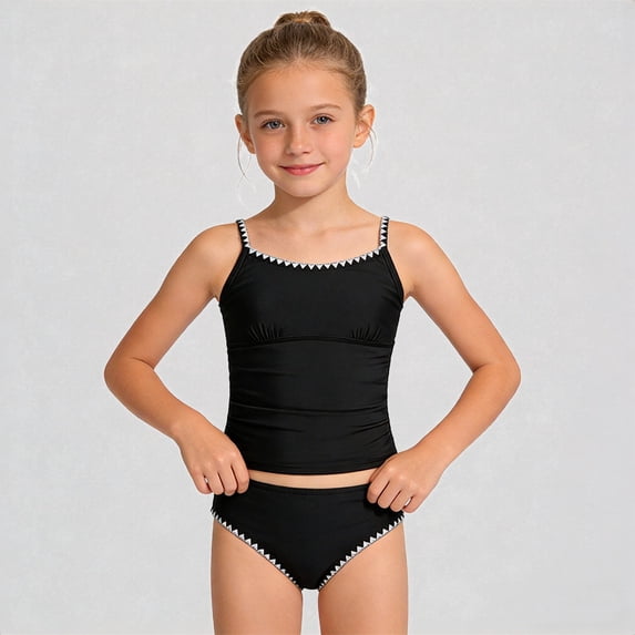Krdevn Girls Two Piece Tankini Swimsuit Solid Triangle Contrast Trim Ruched Bodice Padded Cups Summer Beach Pool Swimwear For Teens,11-12 Years