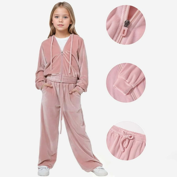 Krdevn Girls Velvet Hooded Sweatshirt and Joggers Set Cozy Fall Winter Tracksuit Casual Two Piece Outfit,10-12 Years