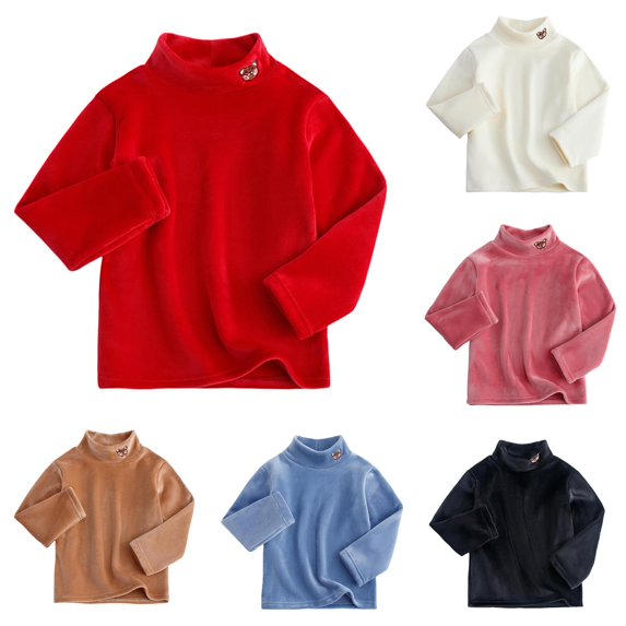 Krdevn Girls Velvet Neck Long Sleeve Layering Top Solid Pearl Button Decor Warm Fall Winter Basic Shirts Red,8-9 Years