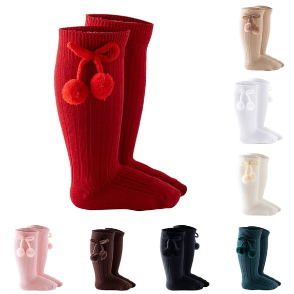 Krdevn Girls Vertical Rib Knee High Socks with Side Pom Detail, Soft Stretchy Dressy Hosiery (Baby,Toddler),3-12 Months