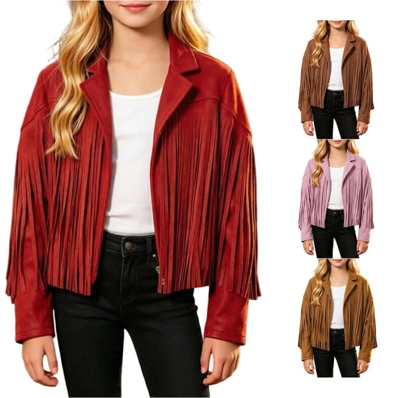 Krdevn Girls Western Cowboy Fringe Jacket, Suede Long Sleeve Lapel Collar Cropped Casual Outerwear Retro Country Style Kids Coat,