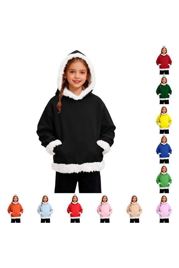 Girls White Faux Fur Trim Hood Cuff Hem Pullover Hoodie Kangaroo Pocket Soft Warm Winter Casual Sweatshirt,2-3 Years