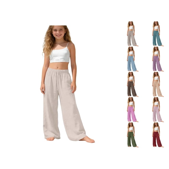 Krdevn Girls Wide Leg Linen Pants Elastic Waist Drawstring Casual Lightweight Trousers for School Play,12-13 Years