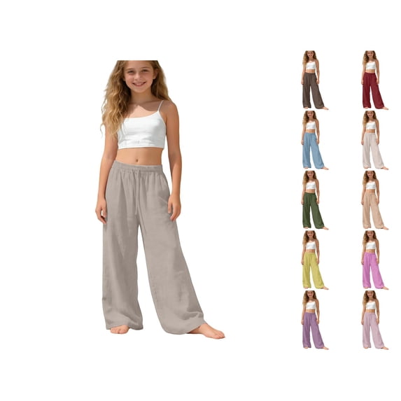 Krdevn Girls Wide Leg Linen Pants Elastic Waist Drawstring Casual Lightweight Trousers for School Play,14-15 Years
