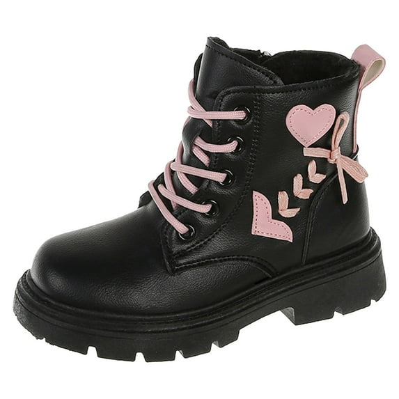 Krdevn Girls Winter Boots Leather Short Heart Decor Side Zipper Stylish Warm Princess Boots for Everyday Casual Wear Kids,11-11.5 Years