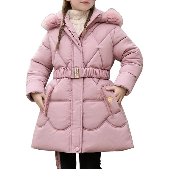 Krdevn Girls Winter Coat Long Waist Flattering, Hooded Puffer Jacket with Warm Filling and Removable Hood,11-12 Years