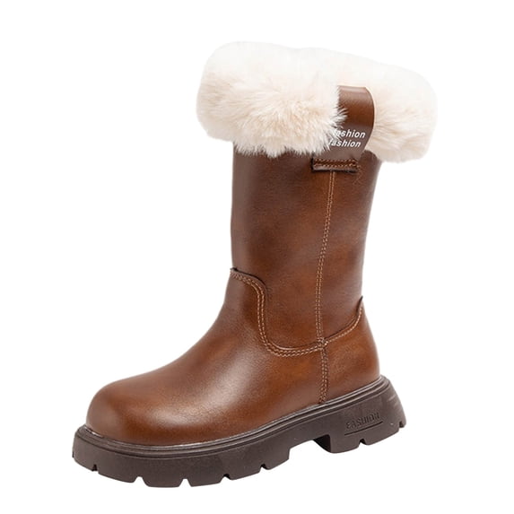 Krdevn Girls Winter Mid‑Calf Boots Cuff Fleece Lined Side Zipper Non‑Slip Thick Sole Warm Kids Snow Boots,Brown