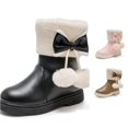 thumbnail image 1 of Krdevn Girls Winter Snow Boots Fuzzy Cuff Bow Pom‑pom Decor Side Zipper Non‑Slip Warm Mid‑Calf Boots,Black, 1 of 8