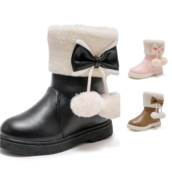 Krdevn Girls Winter Snow Boots Fuzzy Cuff Bow Pom‑pom Decor Side Zipper Non‑Slip Warm Mid‑Calf Boots,Black
