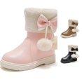 thumbnail image 1 of Krdevn Girls Winter Snow Boots Fuzzy Bow Pomâpom Decor Side Zipper Nonâ Warm MidâCalf Boots,Pink, 1 of 9
