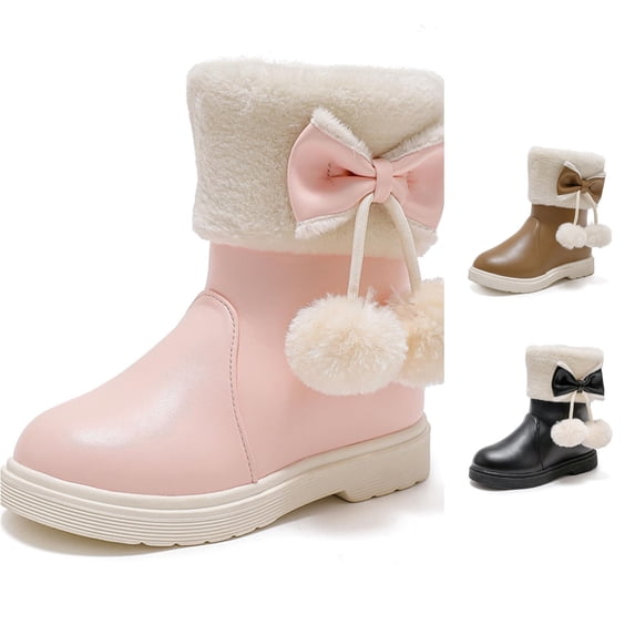 Krdevn Girls Winter Snow Boots Fuzzy Bow Pomâpom Decor Side Zipper Nonâ Warm MidâCalf Boots,Pink
