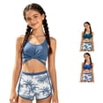thumbnail image 1 of Krdevn Girls Wrap Crop Tankini 2 Piece Swimsuit with Palm Print Shorts Color:Navy,Size:8-9 Years, 1 of 4