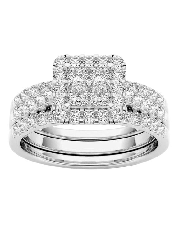 Gold Plated Square CZ Bridal Ring Set Stackable Engagement & Wedding Band Matching Ring Jewelry Gift for Women