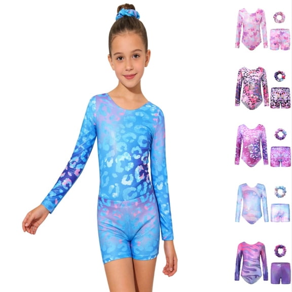Krdevn Gymnastics Leotards with Hair Scrunchie for Girls, Long Sleeve Sparkly Dance Biketards with Shorts Ballet Outfit,Blue