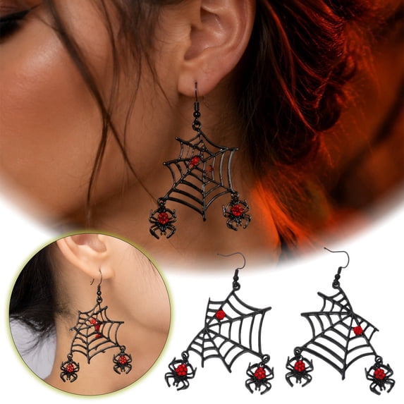 Krdevn Halloween Web Dangle Earrings Red Rhinestone Spider Drop Earrings Gothic Spooky Jewelry Accessories for Cosplay Party Holiday Wear,One Size