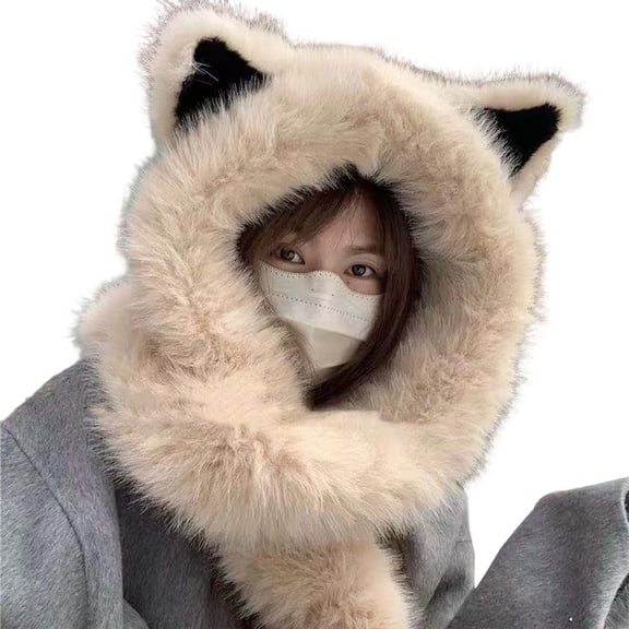 Krdevn Hat and Scarf for Winter Animal Ear Hood with Integrated Neck Warmer Cute Cartoon Character Headwear for Cold Weather,Size:One Size