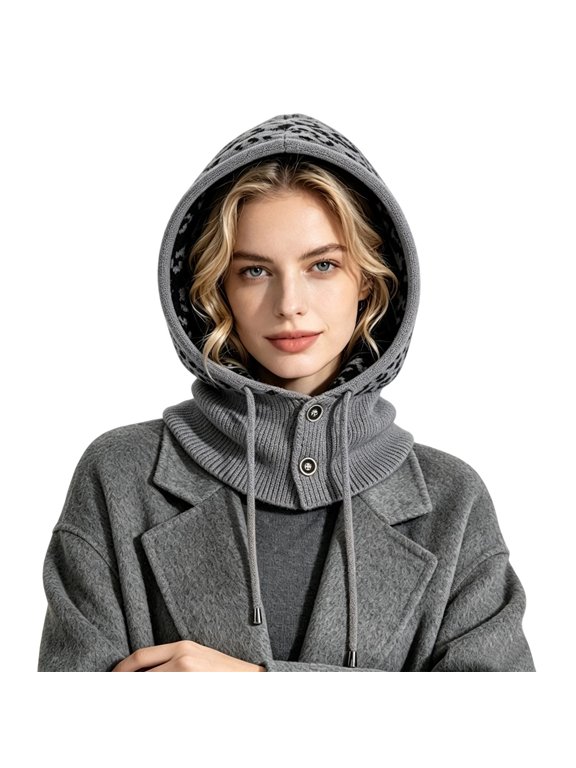 Krdevn Hooded Scarf for Women, Knit Hood Hat with Attached Neck Warmer Gaiter and Drawstrings, Button Winter Hood Cap for Cold Weather Outdoor Commute