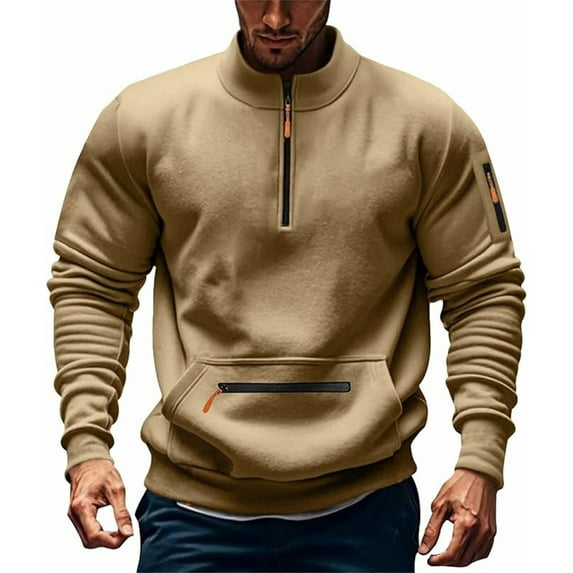 Krdevn Hoodies for Men - Hooded Sweatshirt for Men's Winter In 2025 with A Stand Up Collar Half Zipper and Multiple Pockets - Sweatshirts for Men,Color:Khaki,Size:M