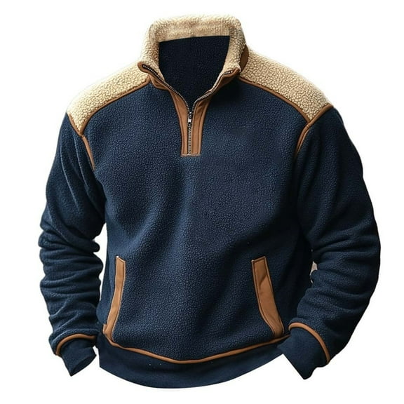 Krdevn Hoodies for Men - Men's Winter Vintage Color Matching Stand Collar Lamb Velvet Zipper Casual Hoodie - Sweatshirts for Men,Color:Blue,Size:M