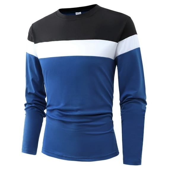 Krdevn Hoodies for Men - Men'sTricolor Color Blocking Round Neck Casual Sports Sweatshirt - Sweatshirts for Men,Color:Blue,Size:M