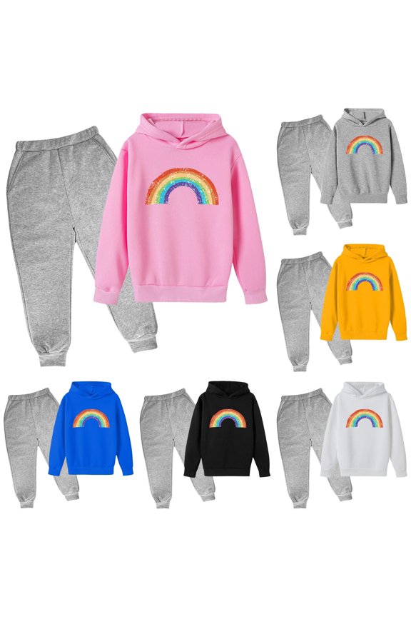 Krdevn Kids 2 Piece Distressed Rainbow Print Pullover Hoodie and Heather Gray Elastic Jogger Pants Casual Sweatsuit 11-12 Years,Pink
