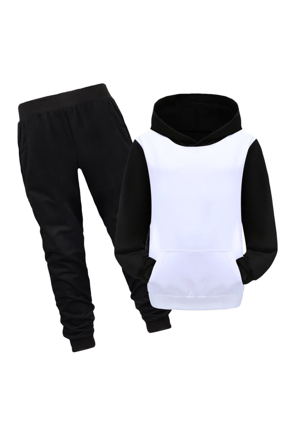 Krdevn Kids 2 Piece Fall Winter Outfit Raglan Sleeve Color Block Hoodie with Front Pocket and Solid Cuffed Jogger Pants Blank Customizable Sweatsuit Set 2-3 Years,Black