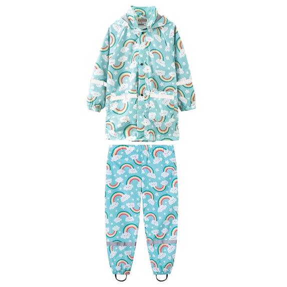 Krdevn Kids 2 Piece Rain Suit Hooded Zip Up High Vis Reflective Waterproof Rain Jacket + Elastic Cuff Rain Pants for Toddlers Boys Girls School Outdoor Color:Light Blue,Size:4 Year
