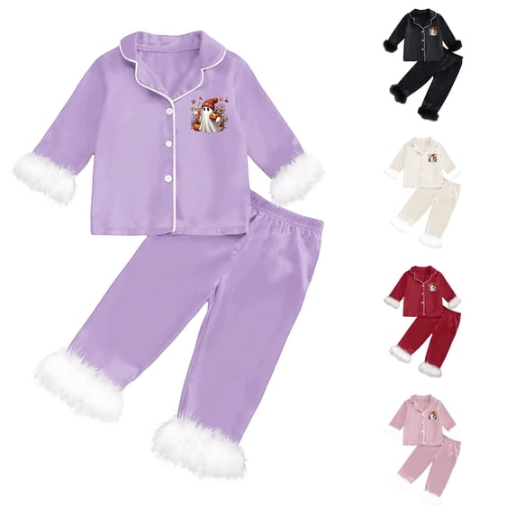 Krdevn Kids Beanie Ghost Halloween Pajama Set Long Sleeve Lapel Button Top and Pants Black Fluff Sleepwear 2 Piece Pjs 2-3 Years,Dark Purple