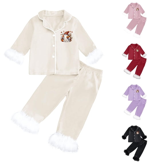 Krdevn Kids Beanie Ghost Halloween Pajama Set Long Sleeve Lapel Button Top and Pants Black Fluff Sleepwear 2 Piece Pjs 6-7 Years,White