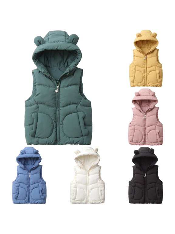 Kids Bear Ear Hooded Quilted Vest Sleeveless Warm Zip Up Outerwear with Bear Pockets for Playground School Cold Weather,3-4 Years